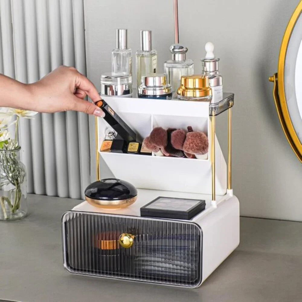 New 2-Tier Amber Makeup Organizer for Versatile Vanity & Room Counter Storage